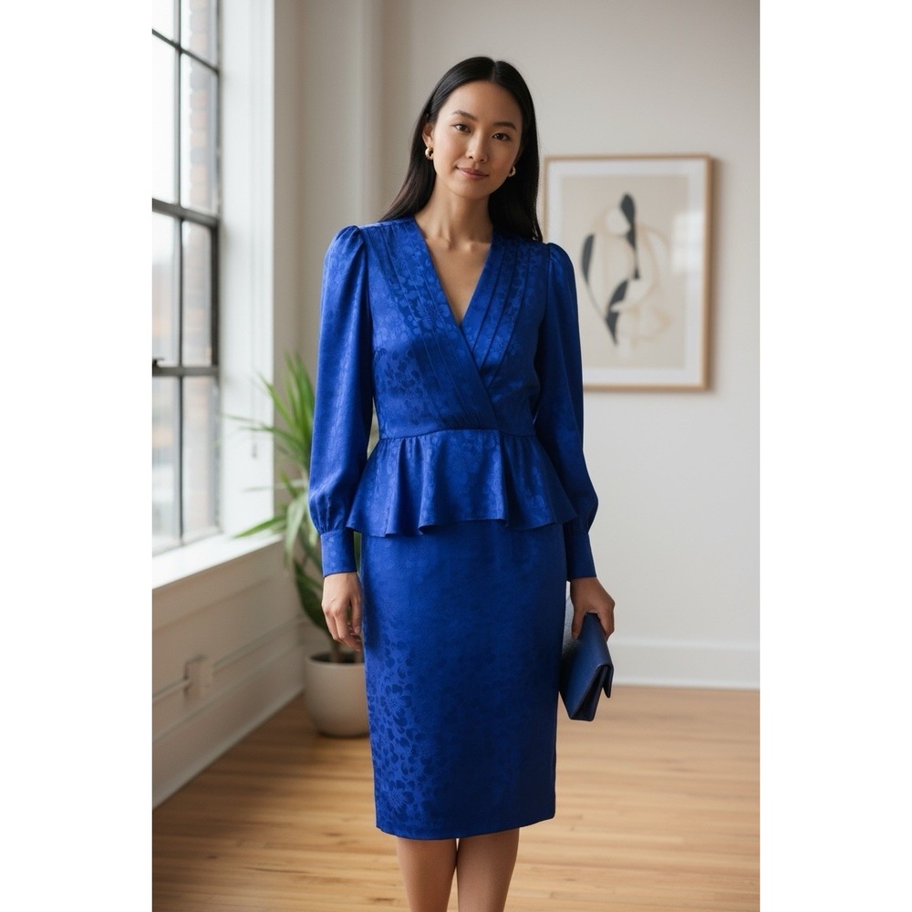 Vtg 1890s Cobalt Blue Jacquard Sateen Midi Dress Peplum Waist Long Sleeve Sz 7/8